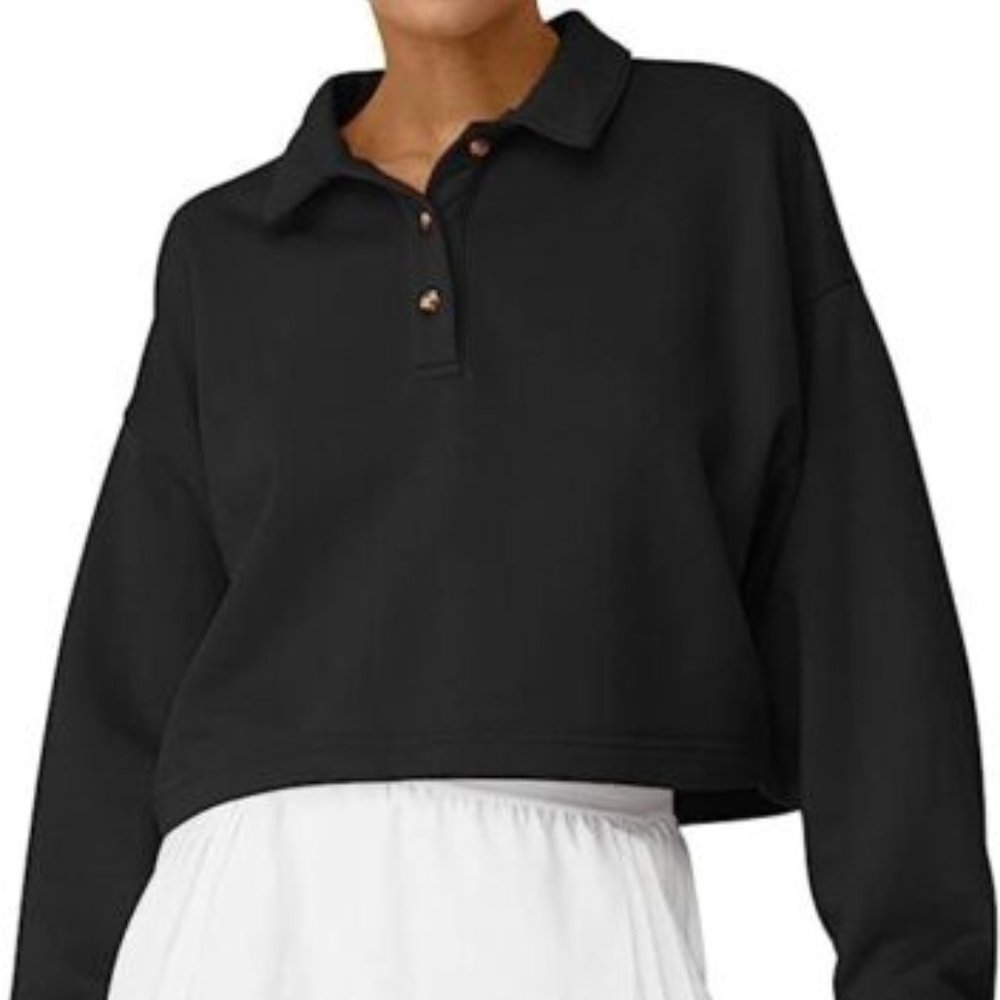 LASLULU Womens Fleece Lined Crop Tops Button Polo Shirts Black Medium